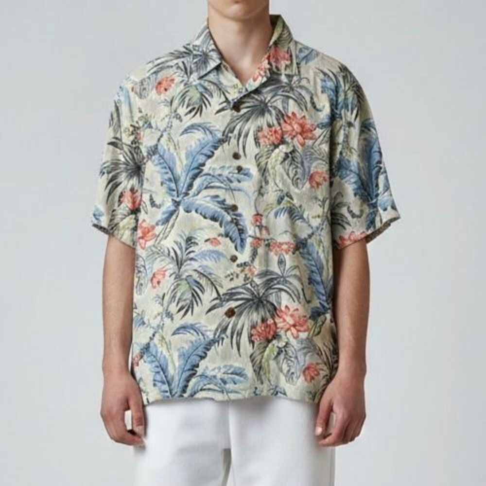 Tommy Bahama Silk Hawaiian Shirt Men Small Tropical Palm Camp Aloha Vacation